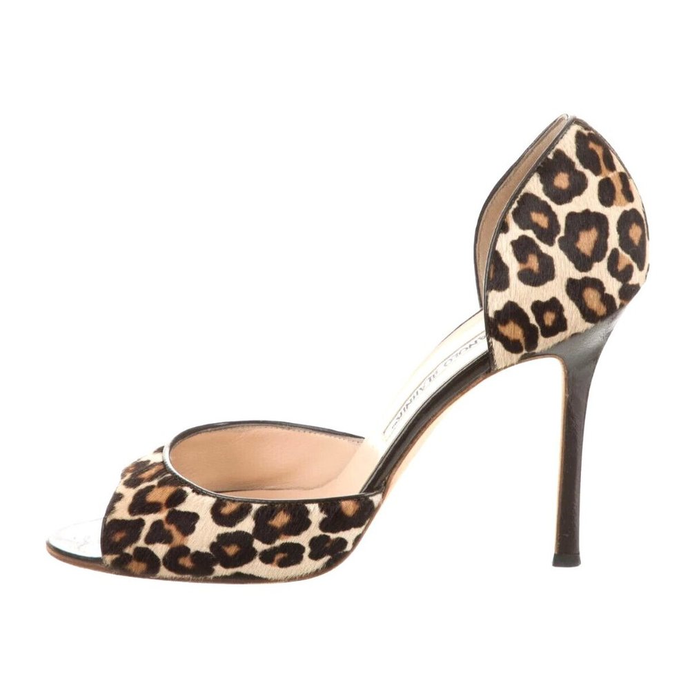 Manolo Blahnik Animal Print Pony Hair Leather Open Toe Designer Pumps 8.5 M